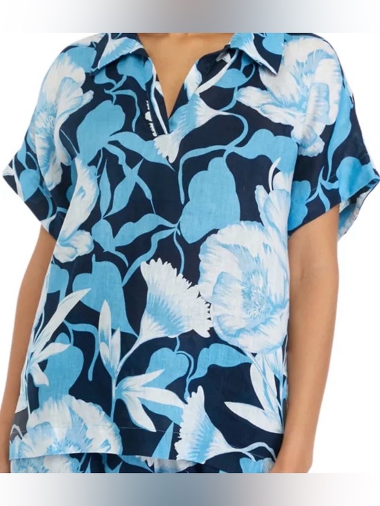 Elie Tahari Tops - Elie Tahari Navy& Light Blue Floral Short-Sleeve Pullover Linen Camp Shirt XL